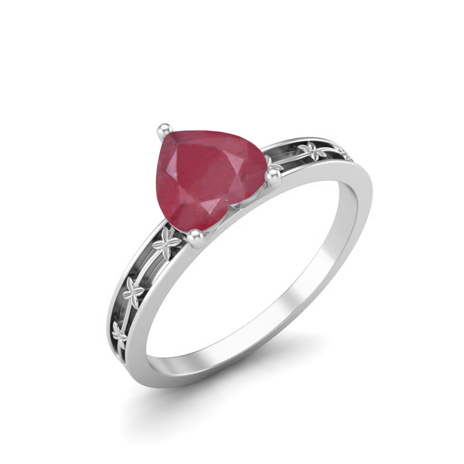 Ruby 0.75 Ct Heart Floral Engraved Band Ring - 14k Yellow Gold