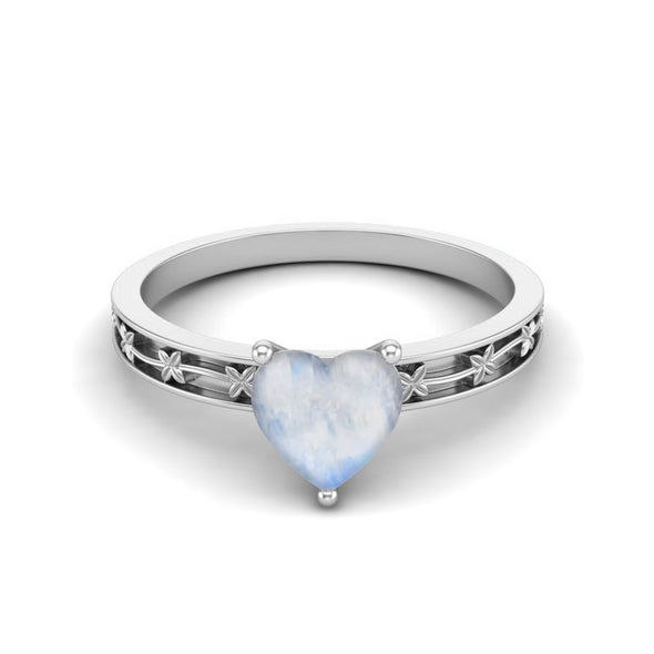 Heart Shape Moonstone Solitaire Flower Engraved Wedding Ring 925 Silver Love Gift Ring