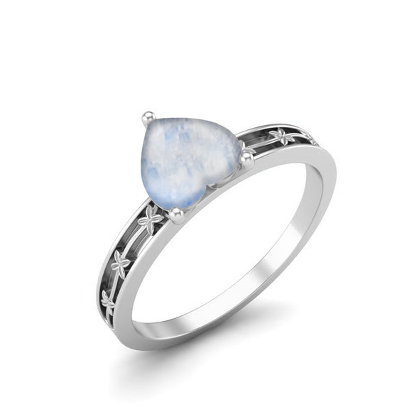 Heart Shape Moonstone Solitaire Flower Engraved Wedding Ring 925 Silver Love Gift Ring