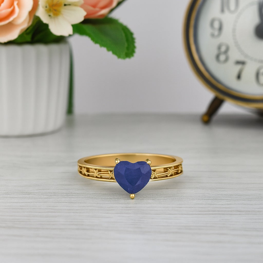 Blue Sapphire 0.75 Ct Heart Romantic Floral Band Ring –  14k Yellow Gold