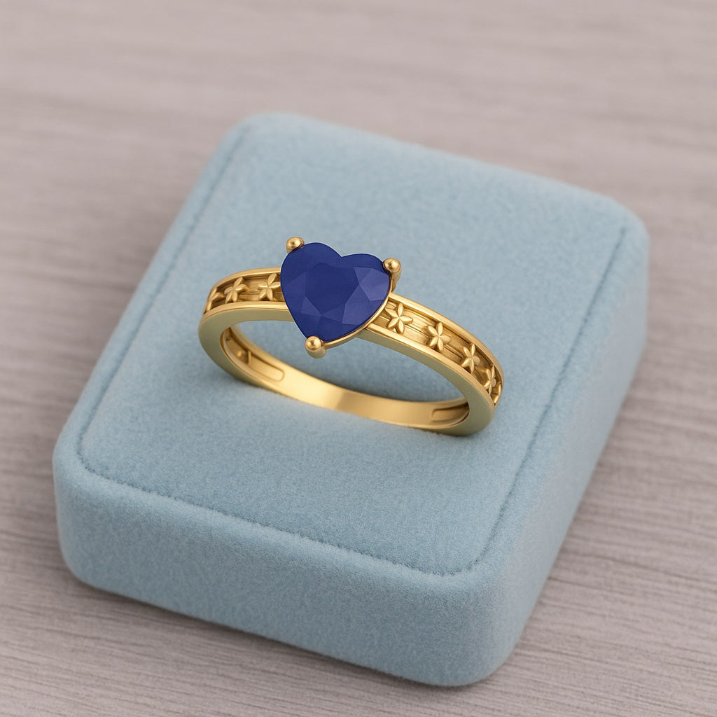 Blue Sapphire 0.75 Ct Heart Romantic Floral Band Ring –  14k Yellow Gold