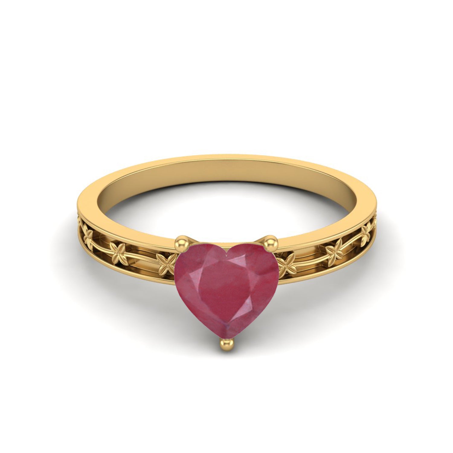 Ruby 0.75 Ct Heart Floral Engraved Band Ring - 14k Yellow Gold