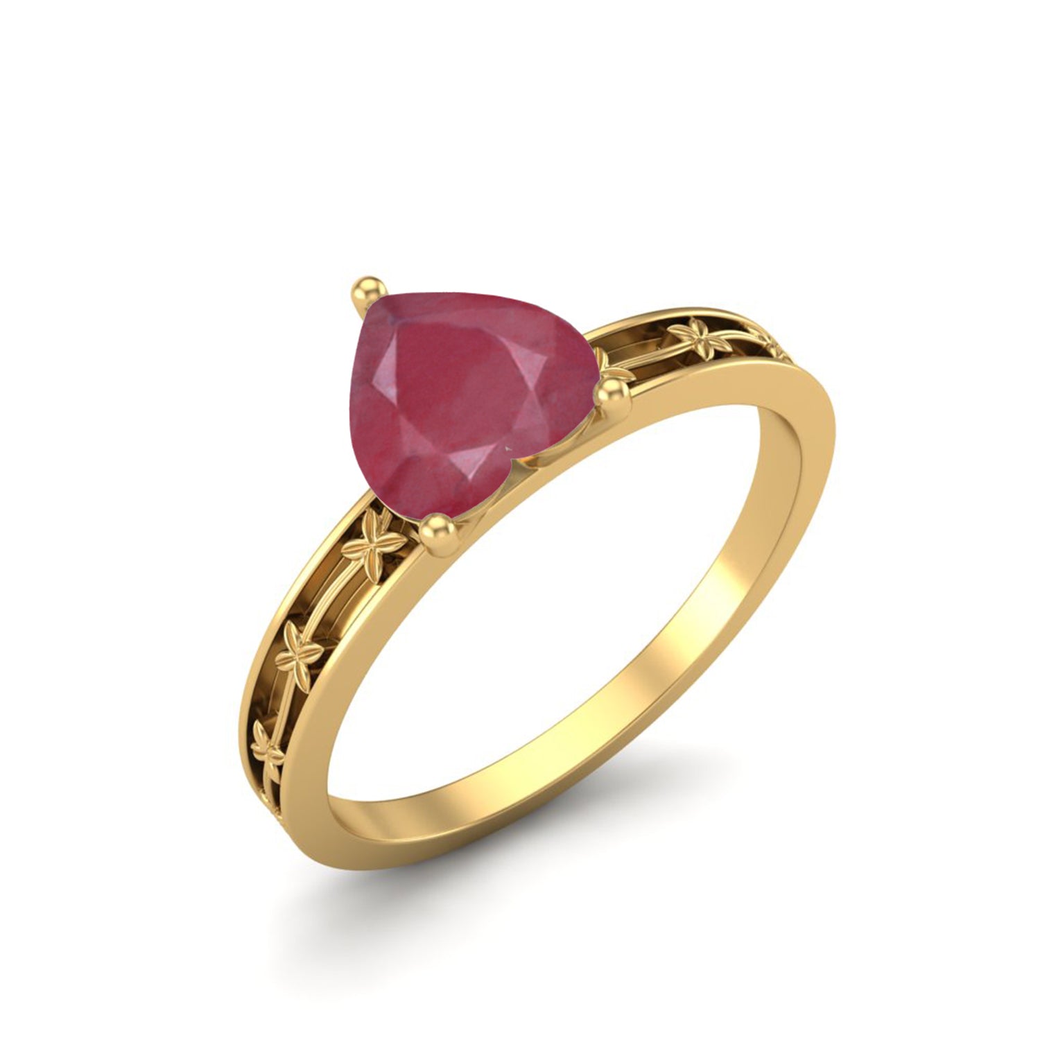 Ruby 0.75 Ct Heart Floral Engraved Band Ring - 14k Yellow Gold