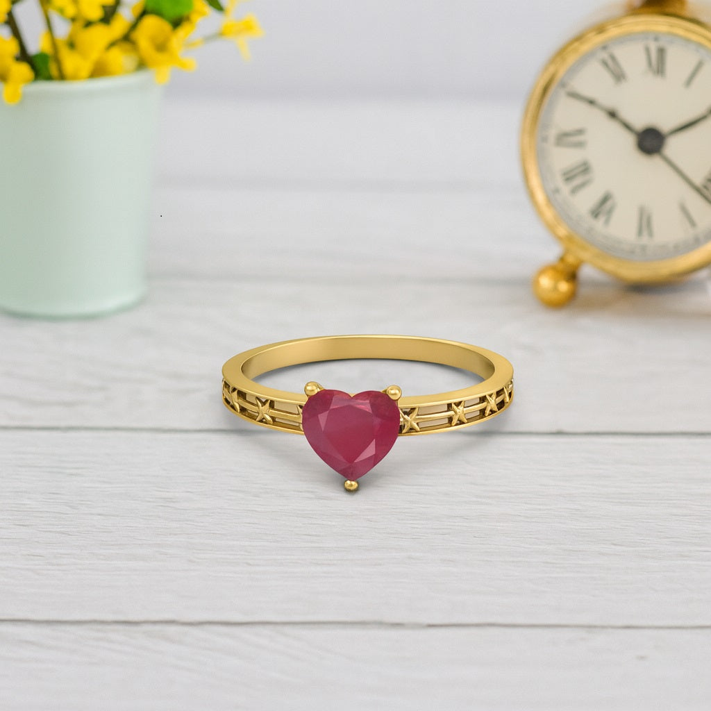 Ruby 0.75 Ct Heart Floral Engraved Band Ring - 14k Yellow Gold