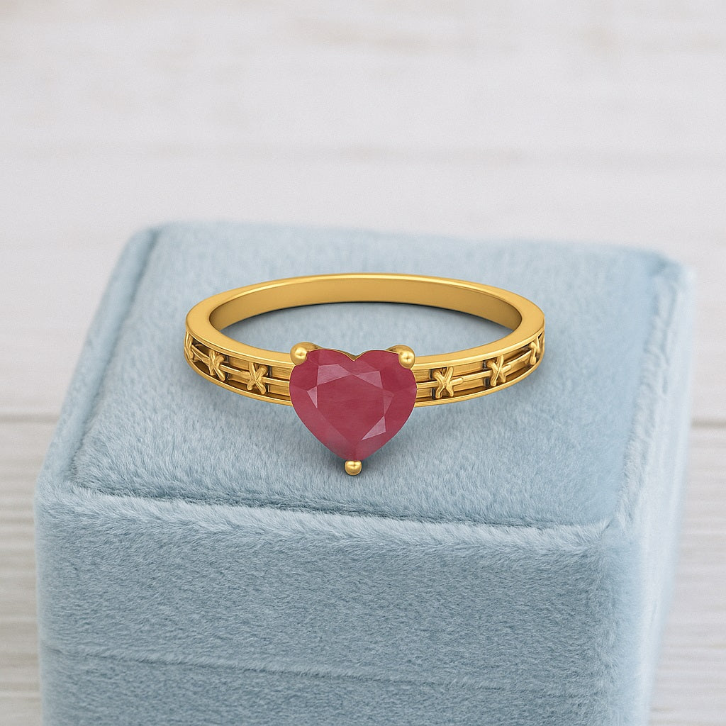 Ruby 0.75 Ct Heart Floral Engraved Band Ring - 14k Yellow Gold