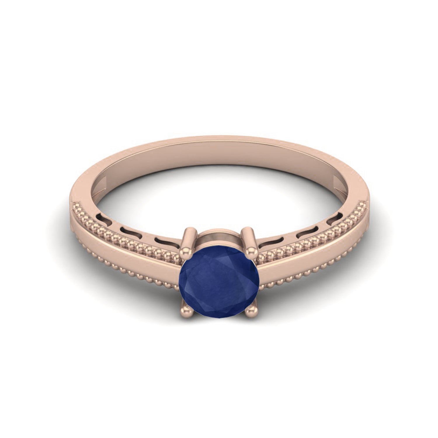Blue Sapphire 0.50 Ct Round Solitaire Beaded Band Ring -14k Yellow Gold