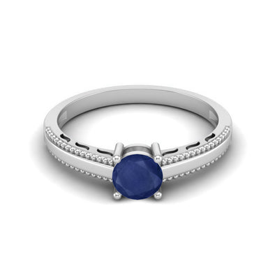925 Sterling Silver 0.50 Cts Round Blue Sapphire Solitaire Beaded Shank Engagement Women Ring