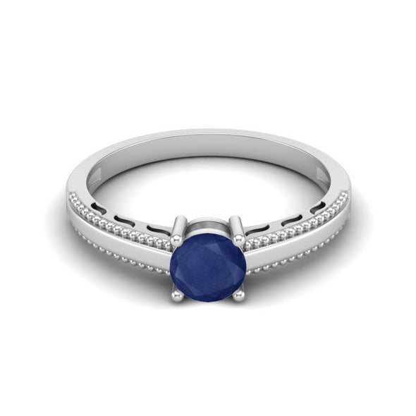 925 Sterling Silver 0.50 Cts Round Blue Sapphire Solitaire Beaded Shank Engagement Women Ring