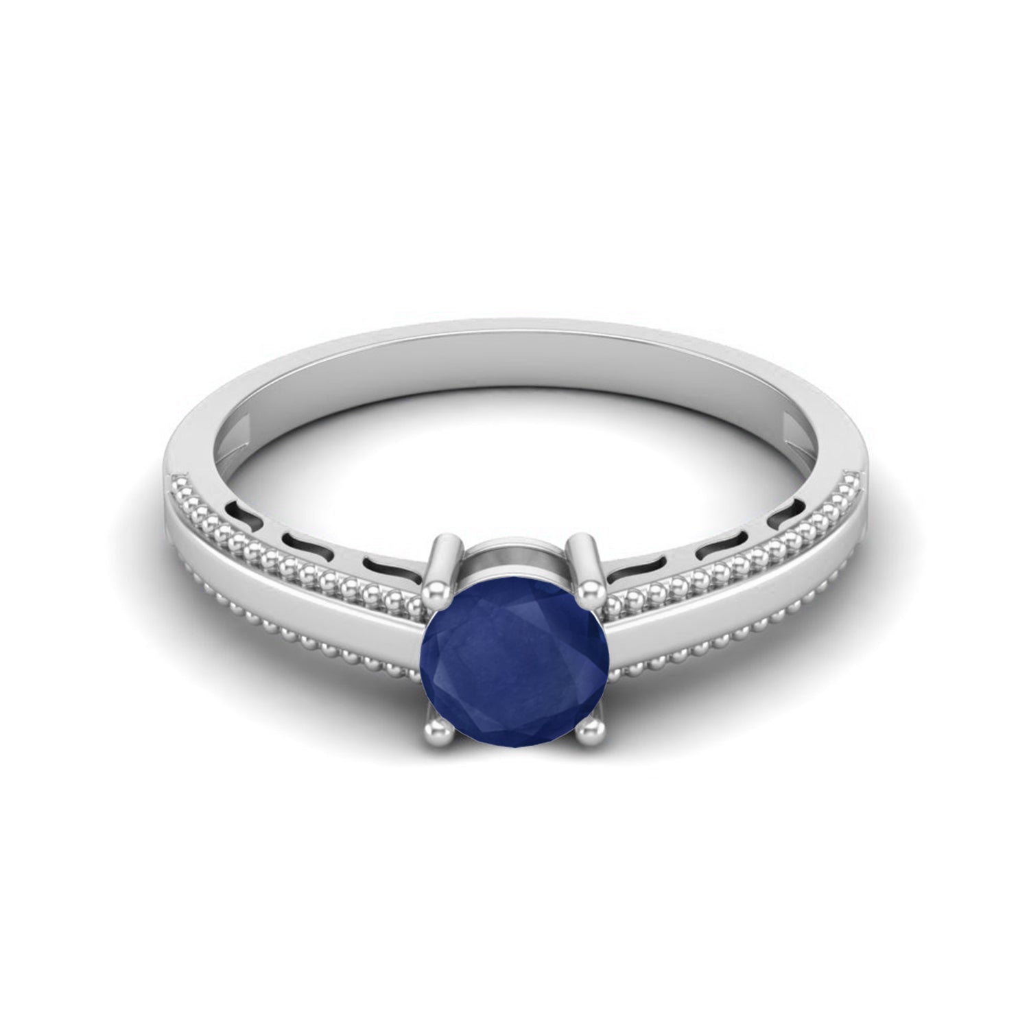 Blue Sapphire 0.50 Ct Round Solitaire Beaded Band Ring -14k Yellow Gold