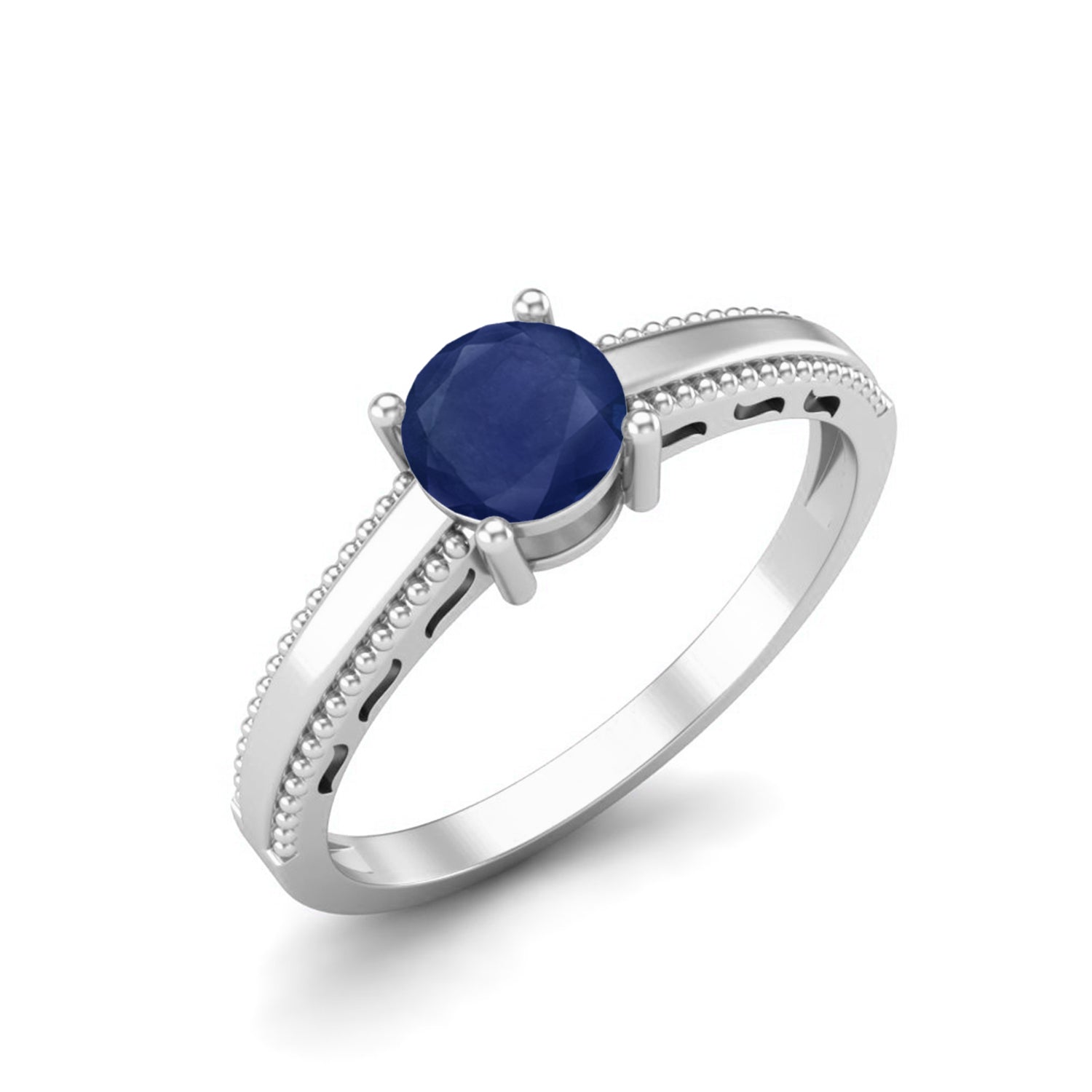 Blue Sapphire 0.50 Ct Round Solitaire Beaded Band Ring -14k Yellow Gold