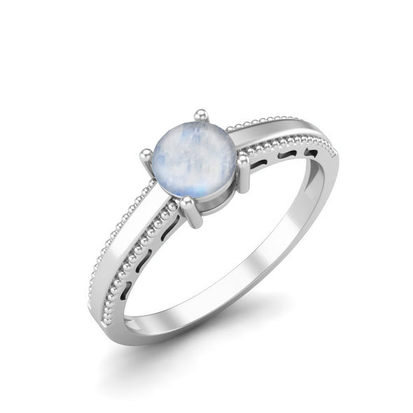 925 Sterling Silver Moonstone Solitaire Wedding Ring Art Deco Beaded Shank Women Ring
