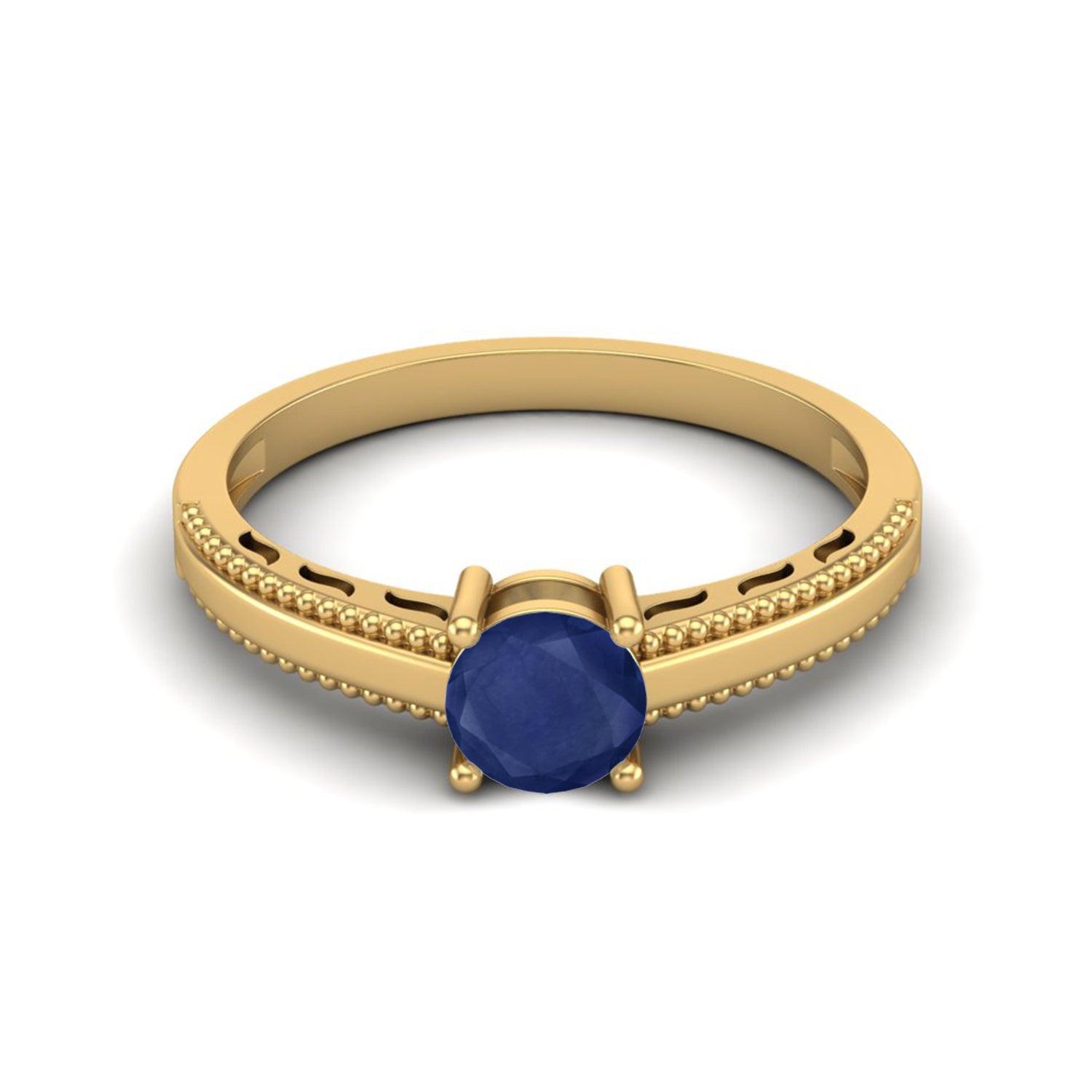 Blue Sapphire 0.50 Ct Round Solitaire Beaded Band Ring -14k Yellow Gold