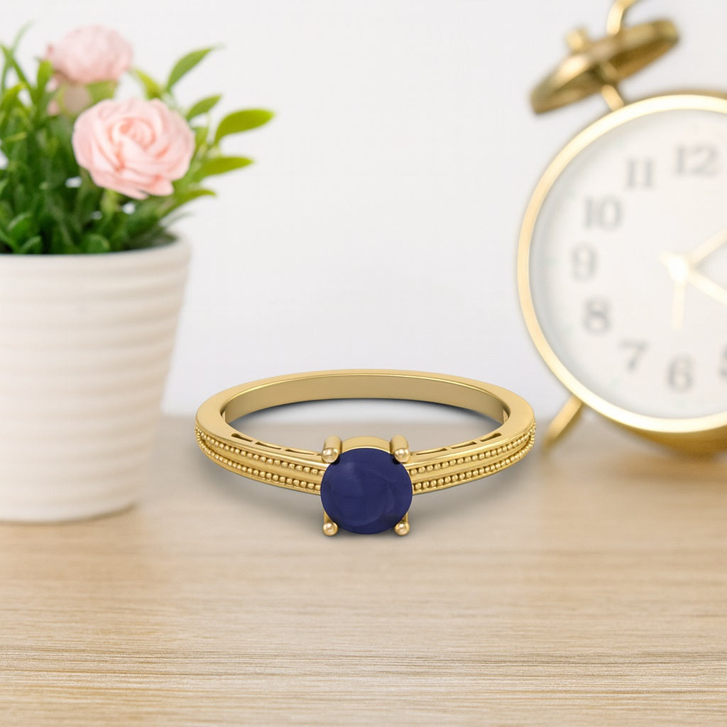 Blue Sapphire 0.50 Ct Round Solitaire Beaded Band Ring -14k Yellow Gold
