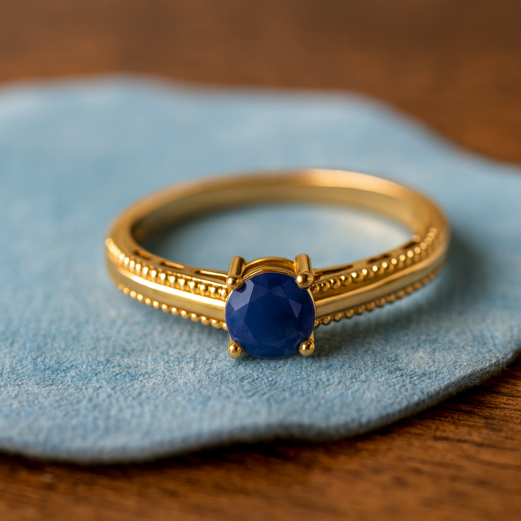 Blue Sapphire 0.50 Ct Round Solitaire Beaded Band Ring -14k Yellow Gold