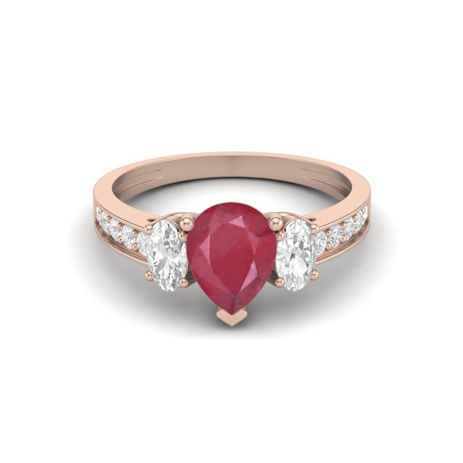 Ruby 1.00 Ct Pear Three-Stone Oval Accent Ring  – 14k Yellow Gold