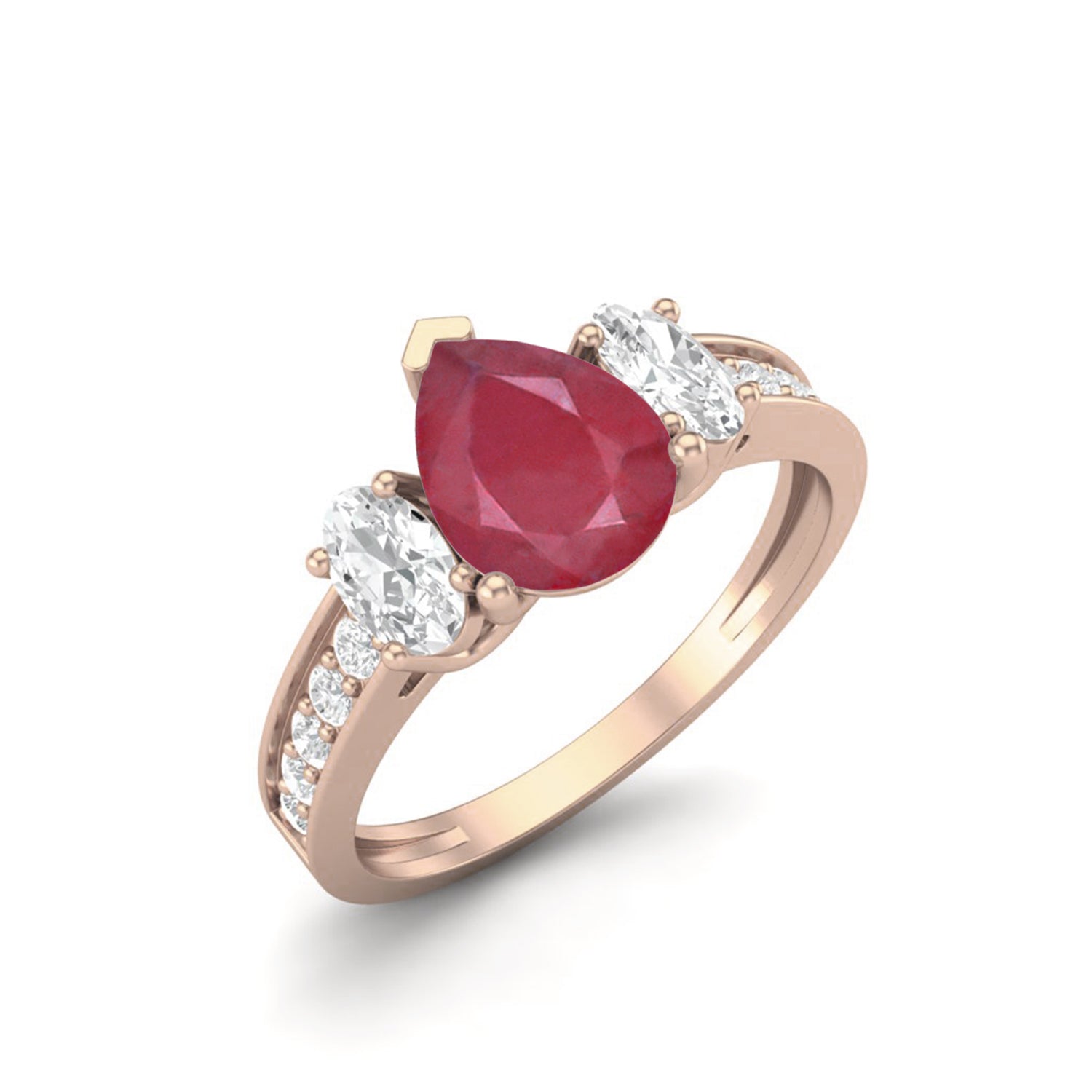 Ruby 1.00 Ct Pear Three-Stone Oval Accent Ring  – 14k Yellow Gold