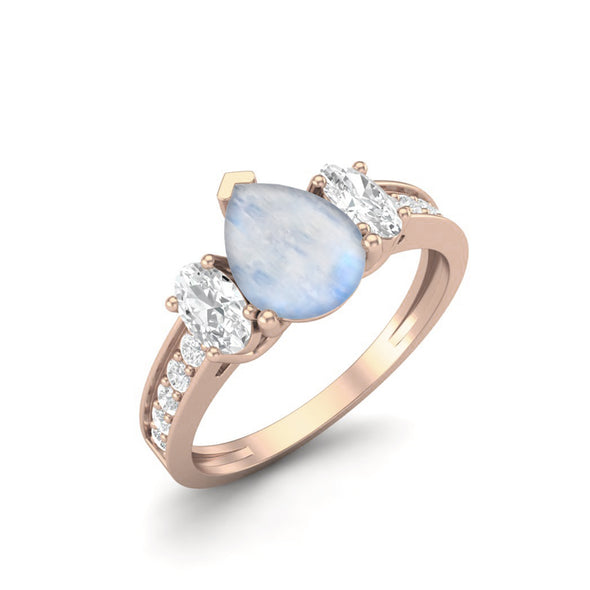 Pear Shaped Moonstone Gemstone Ring Three Stone Engagement Wedding Ring For Women