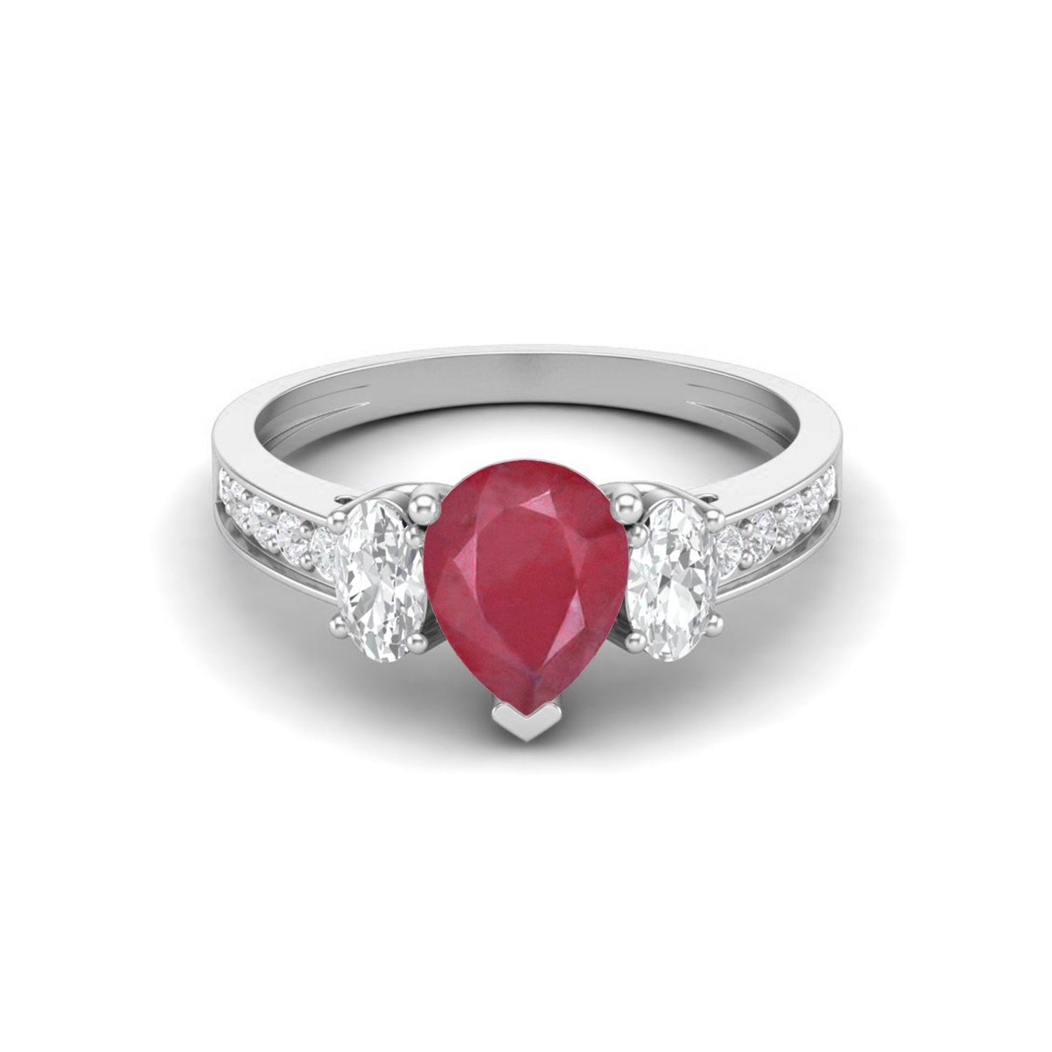 Ruby 1.00 Ct Pear Three-Stone Oval Accent Ring  – 14k Yellow Gold