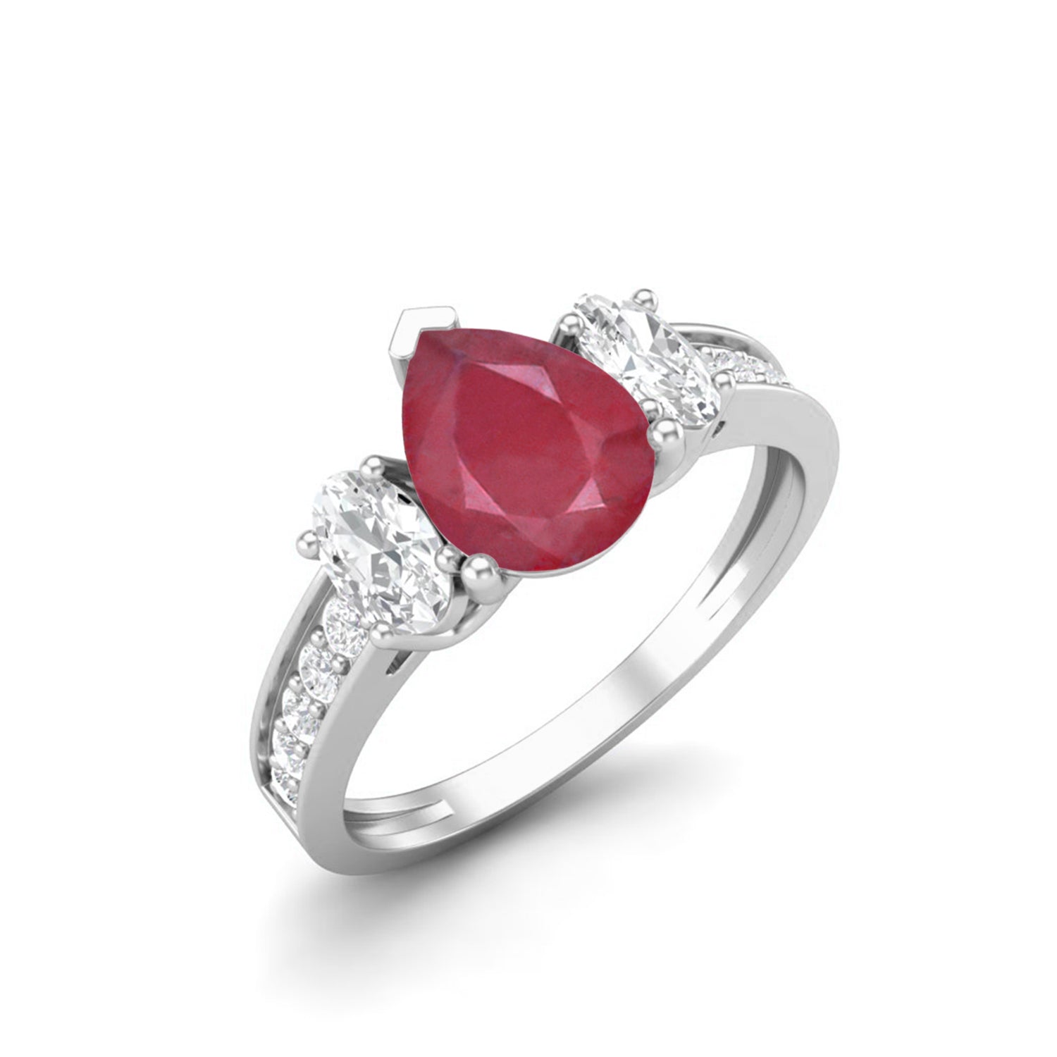 Ruby 1.00 Ct Pear Three-Stone Oval Accent Ring  – 14k Yellow Gold