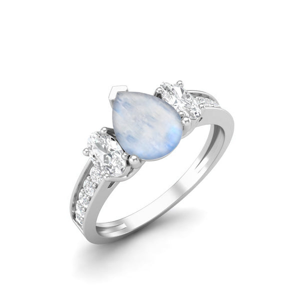 Pear Shaped Moonstone Gemstone Ring Three Stone Engagement Wedding Ring For Women