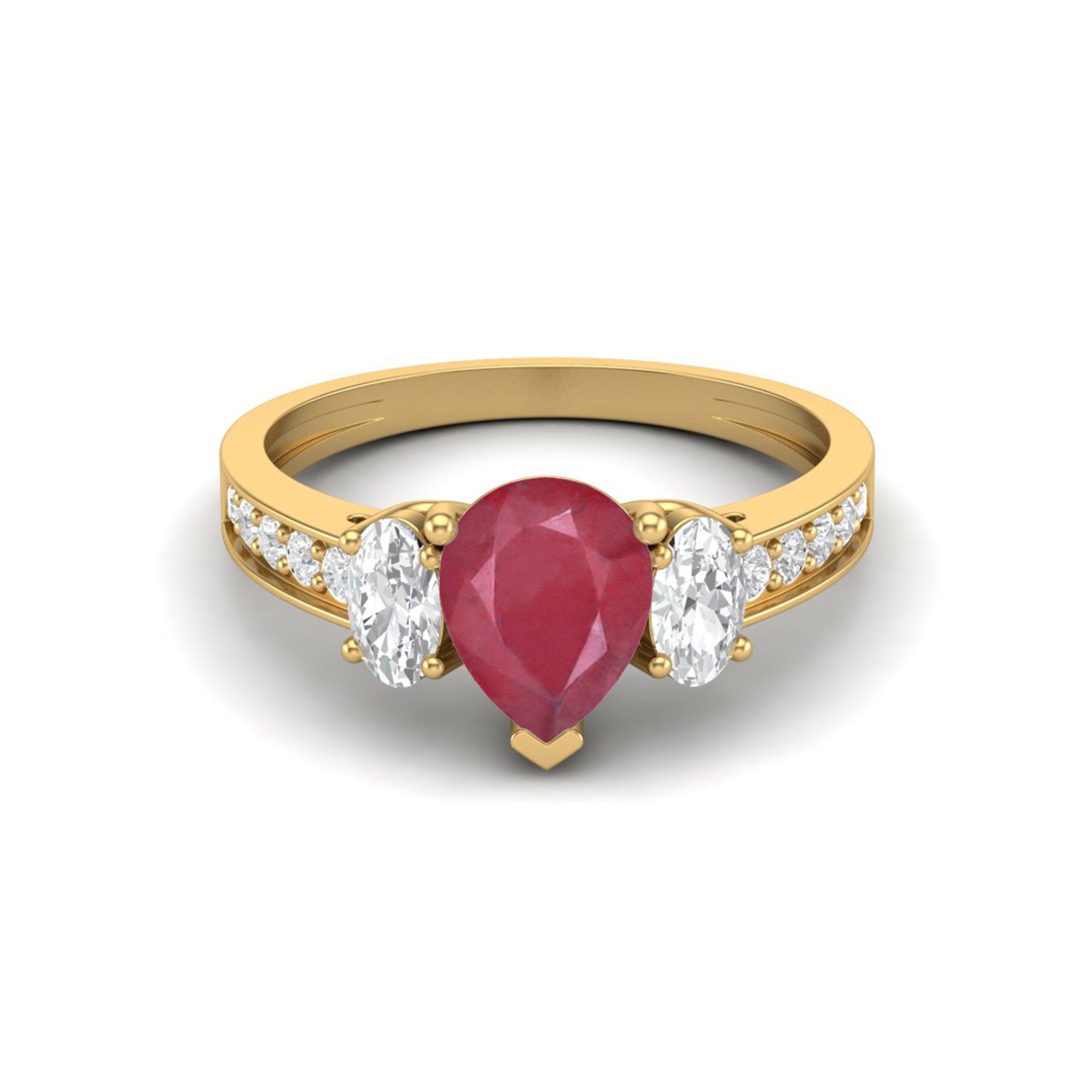Ruby 1.00 Ct Pear Three-Stone Oval Accent Ring  – 14k Yellow Gold
