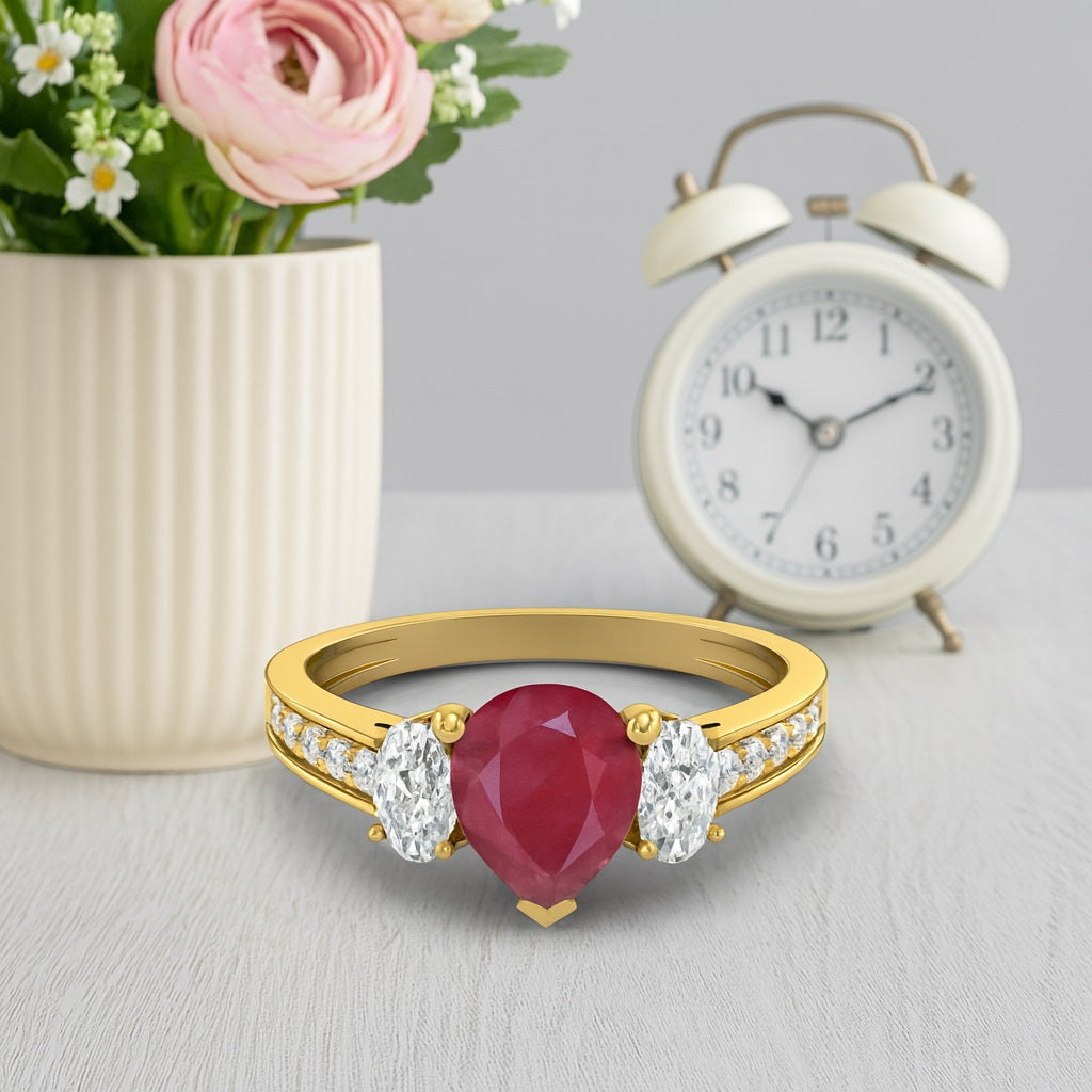 Ruby 1.00 Ct Pear Three-Stone Oval Accent Ring  – 14k Yellow Gold
