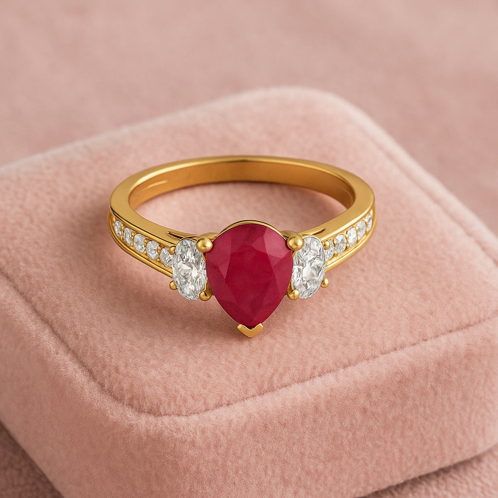 Ruby 1.00 Ct Pear Three-Stone Oval Accent Ring  – 14k Yellow Gold
