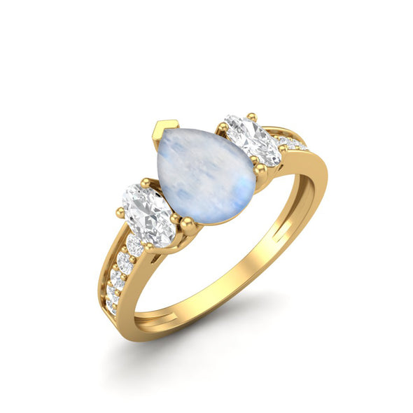 Pear Shaped Moonstone Gemstone Ring Three Stone Engagement Wedding Ring For Women
