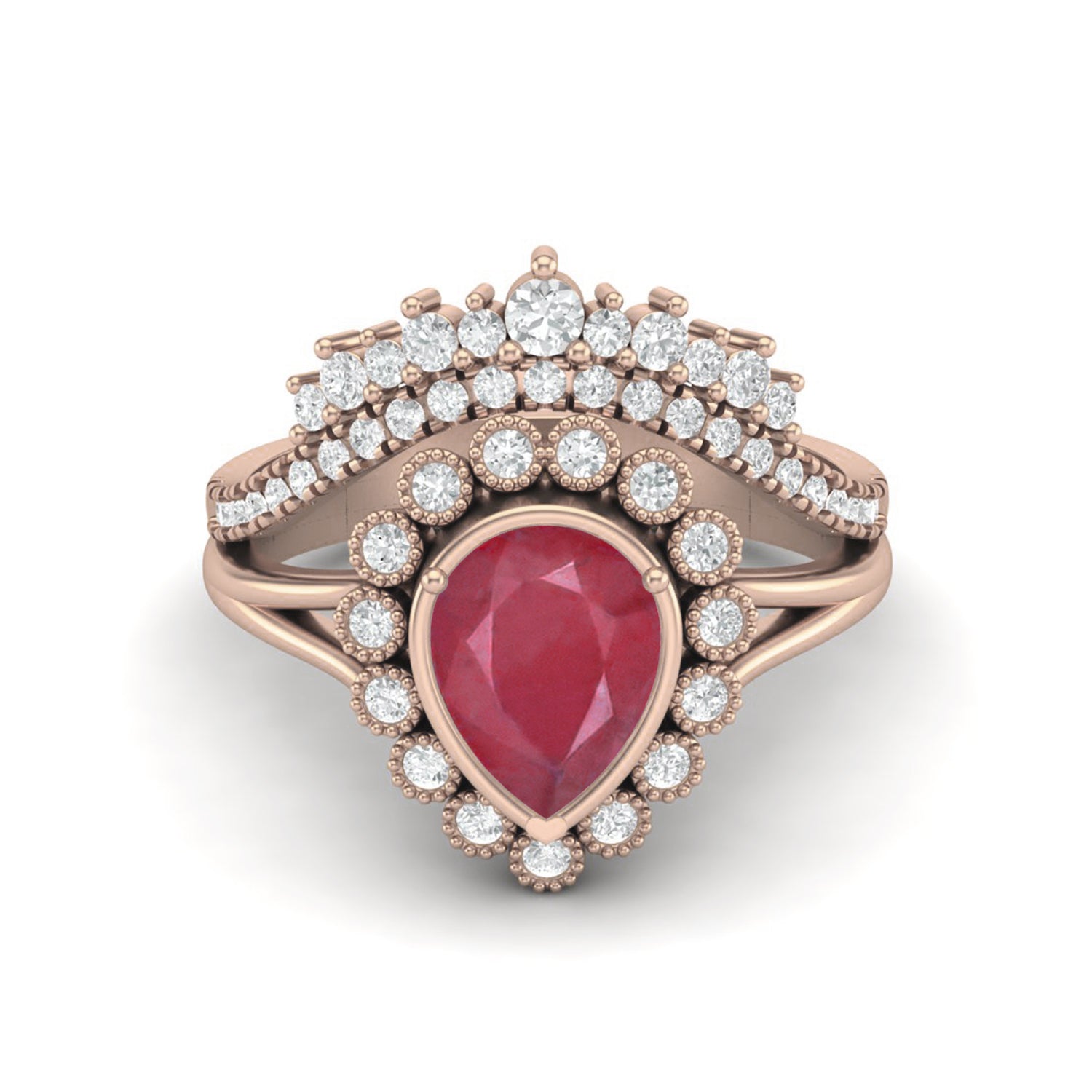 Ruby 1.00 Ct Pear Halo Crown Vintage Ring –  14k Yellow Gold
