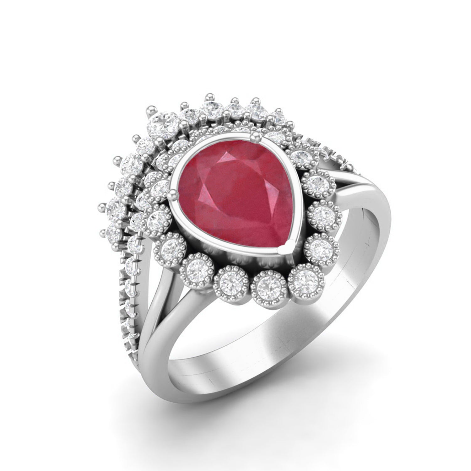 Ruby 1.00 Ct Pear Halo Crown Vintage Ring –  14k Yellow Gold