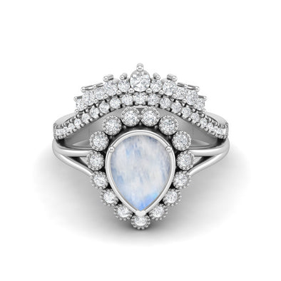 925 Sterling Silver Pear Shaped Moonstone Solitaire Tiara Wedding Ring Crown Ring For Women