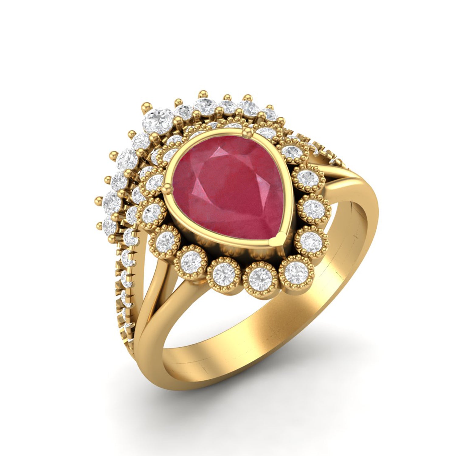 Ruby 1.00 Ct Pear Halo Crown Vintage Ring –  14k Yellow Gold