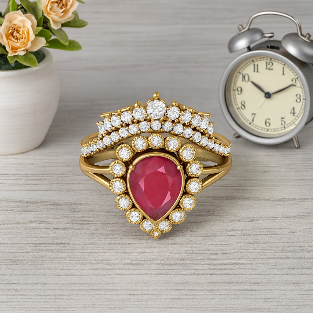 Ruby 1.00 Ct Pear Halo Crown Vintage Ring –  14k Yellow Gold