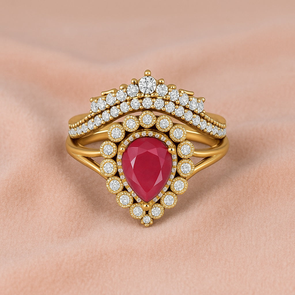 Ruby 1.00 Ct Pear Halo Crown Vintage Ring –  14k Yellow Gold