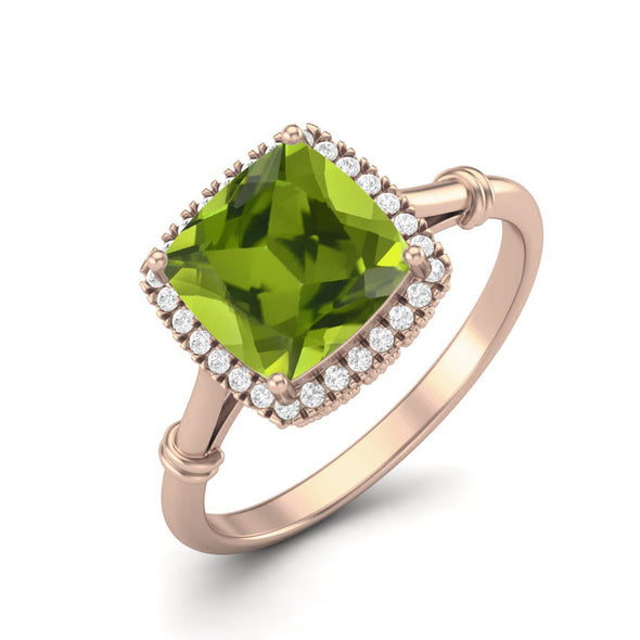 Natural Peridot Bridal Ring 925 Sterling Silver Solitaire Halo Wedding Gift Ring