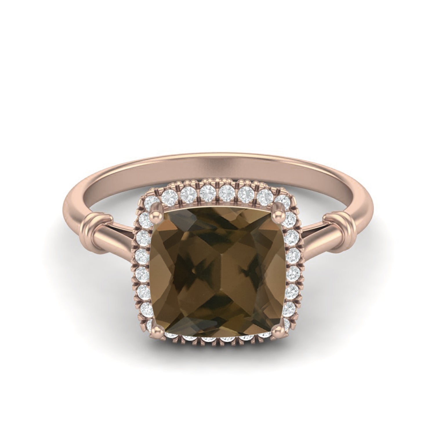 Smoky Quartz 2.90 Ct Cushion Halo Classic Ring – 14K Yellow Gold