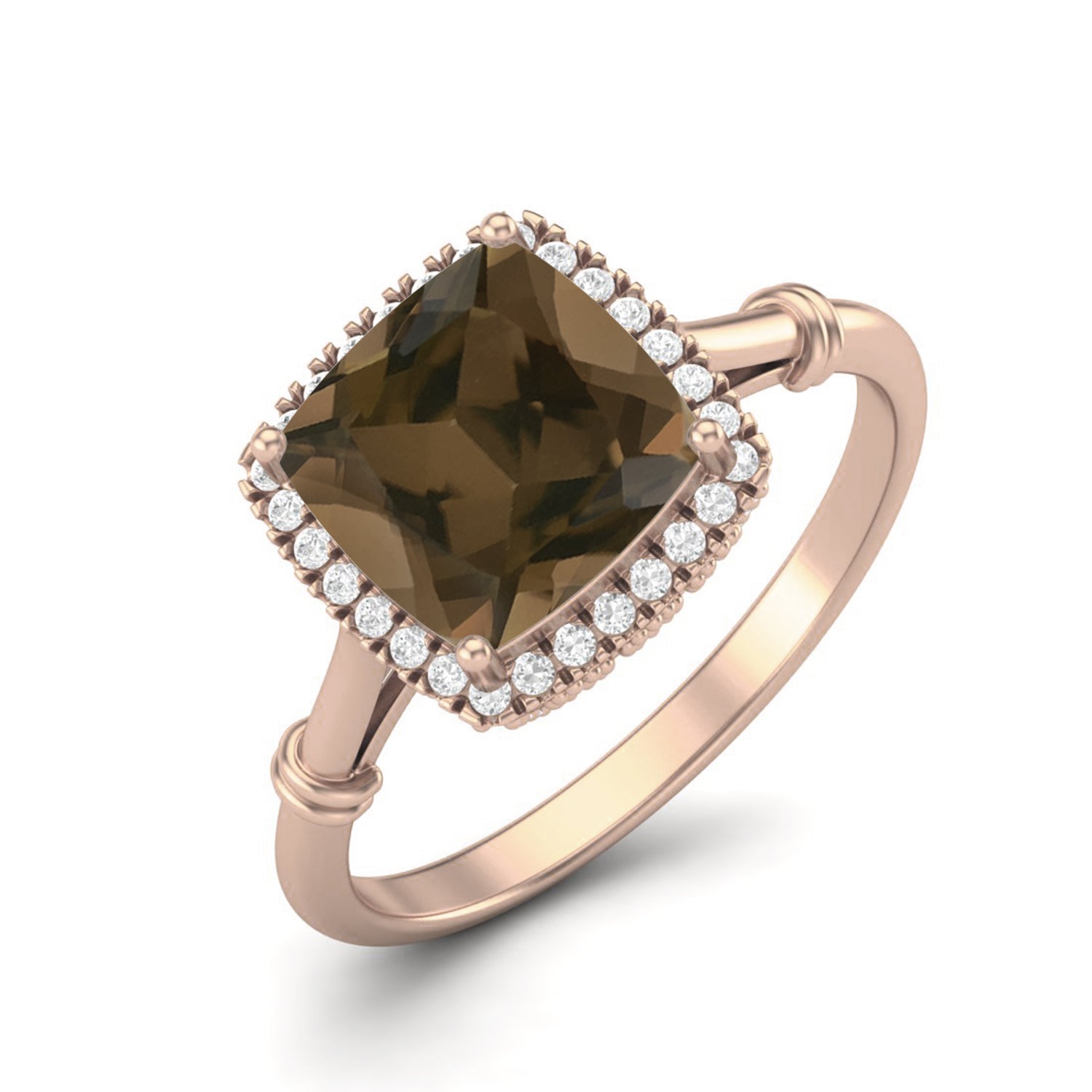 Smoky Quartz 2.90 Ct Cushion Halo Classic Ring – 14K Yellow Gold
