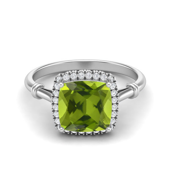 Natural Peridot Bridal Ring 925 Sterling Silver Solitaire Halo Wedding Gift Ring