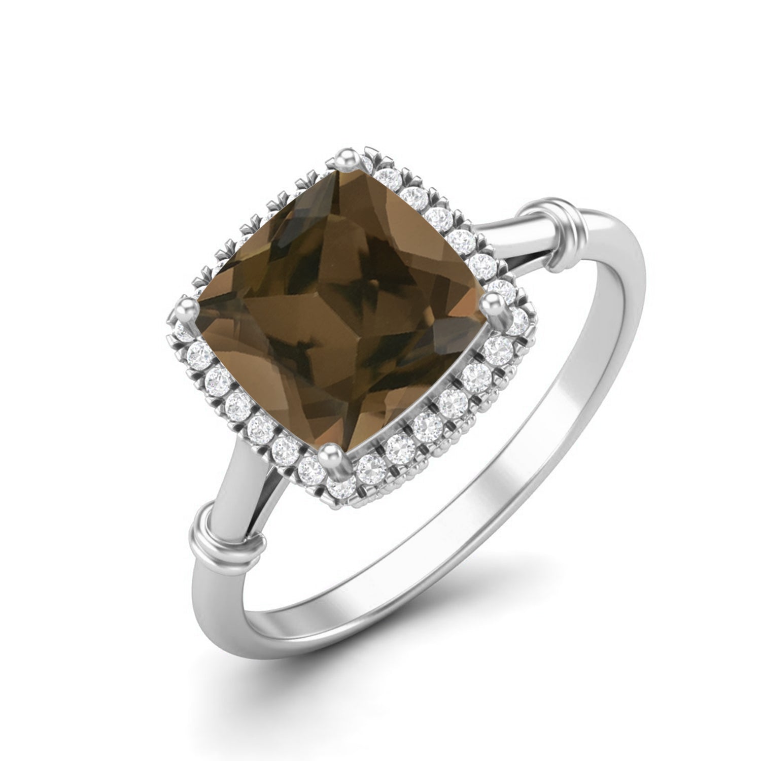 Smoky Quartz 2.90 Ct Cushion Halo Classic Ring – 14K Yellow Gold