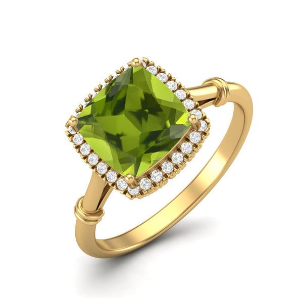 Natural Peridot Bridal Ring 925 Sterling Silver Solitaire Halo Wedding Gift Ring