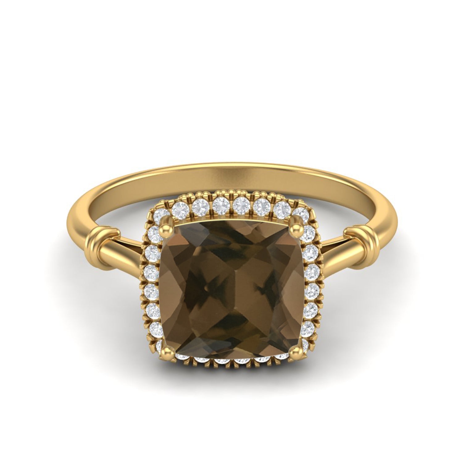 Smoky Quartz 2.90 Ct Cushion Halo Classic Ring – 14K Yellow Gold