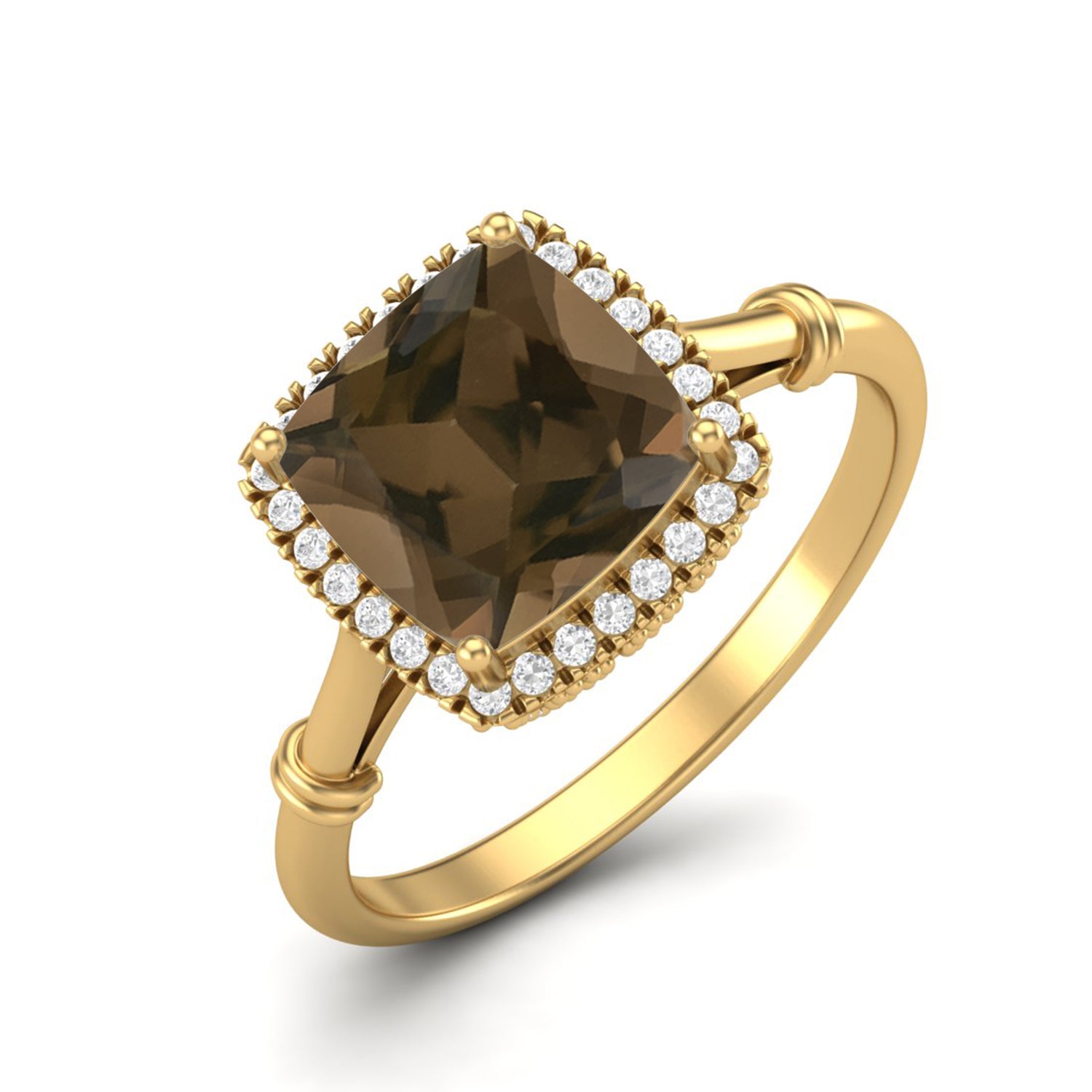 Smoky Quartz 2.90 Ct Cushion Halo Classic Ring – 14K Yellow Gold