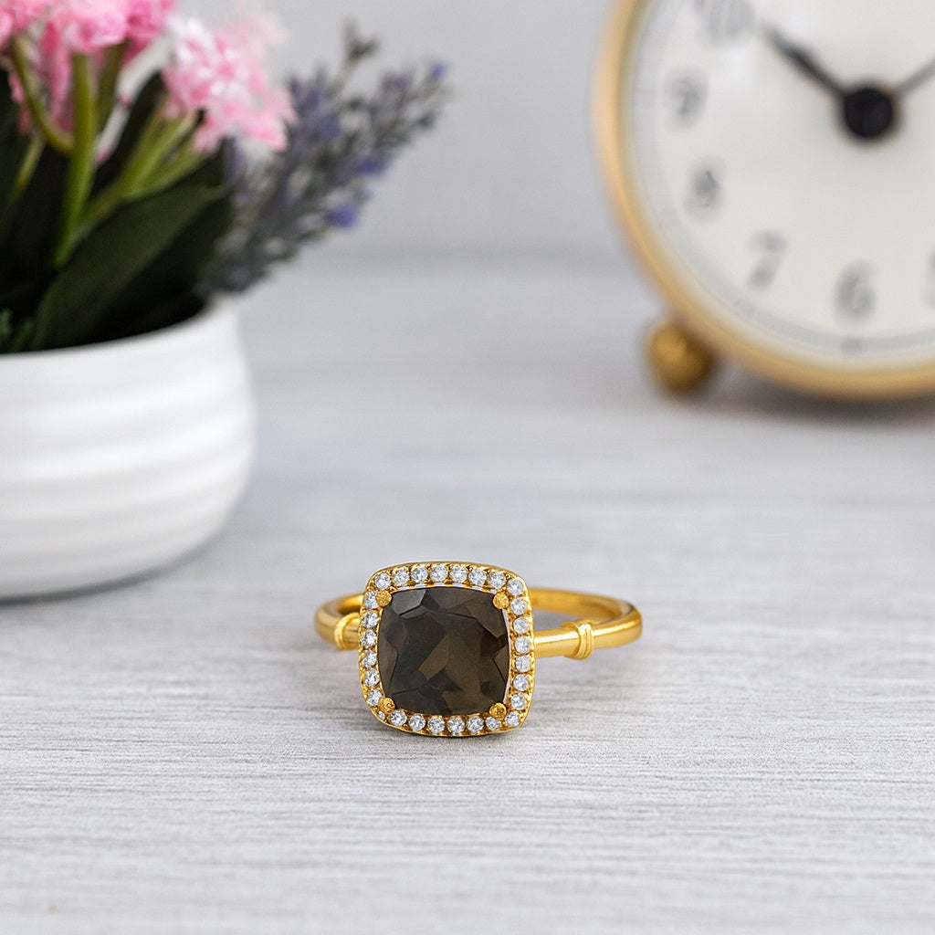 Smoky Quartz 2.90 Ct Cushion Halo Classic Ring – 14K Yellow Gold
