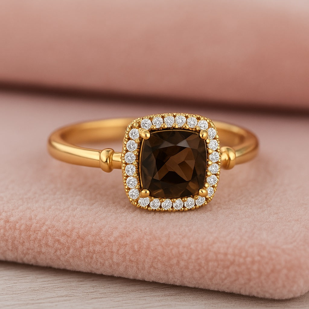 Smoky Quartz 2.90 Ct Cushion Halo Classic Ring – 14K Yellow Gold