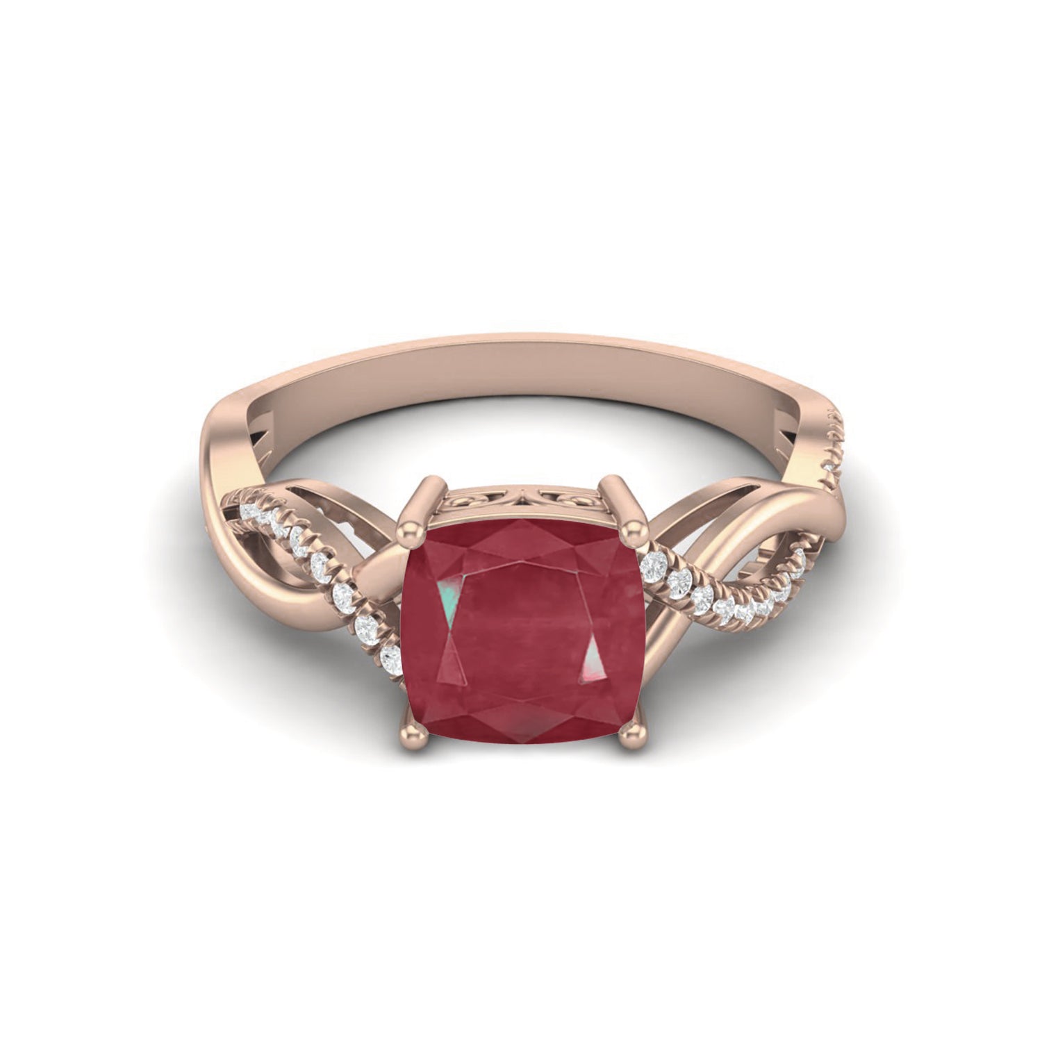 Ruby 2.05 Ct Cushion Twisted Infinity Band Ring  – 14k Yellow Gold