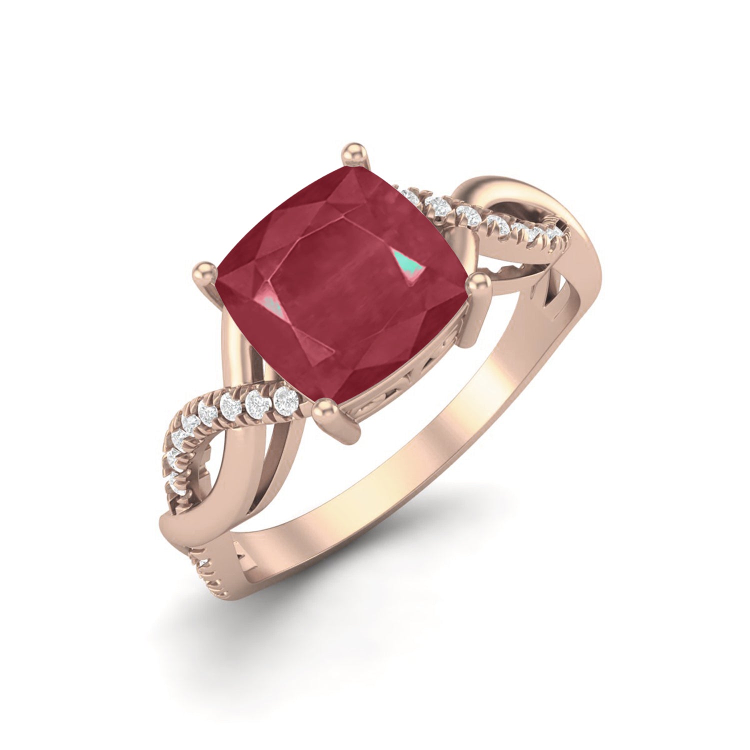 Ruby 2.05 Ct Cushion Twisted Infinity Band Ring  – 14k Yellow Gold