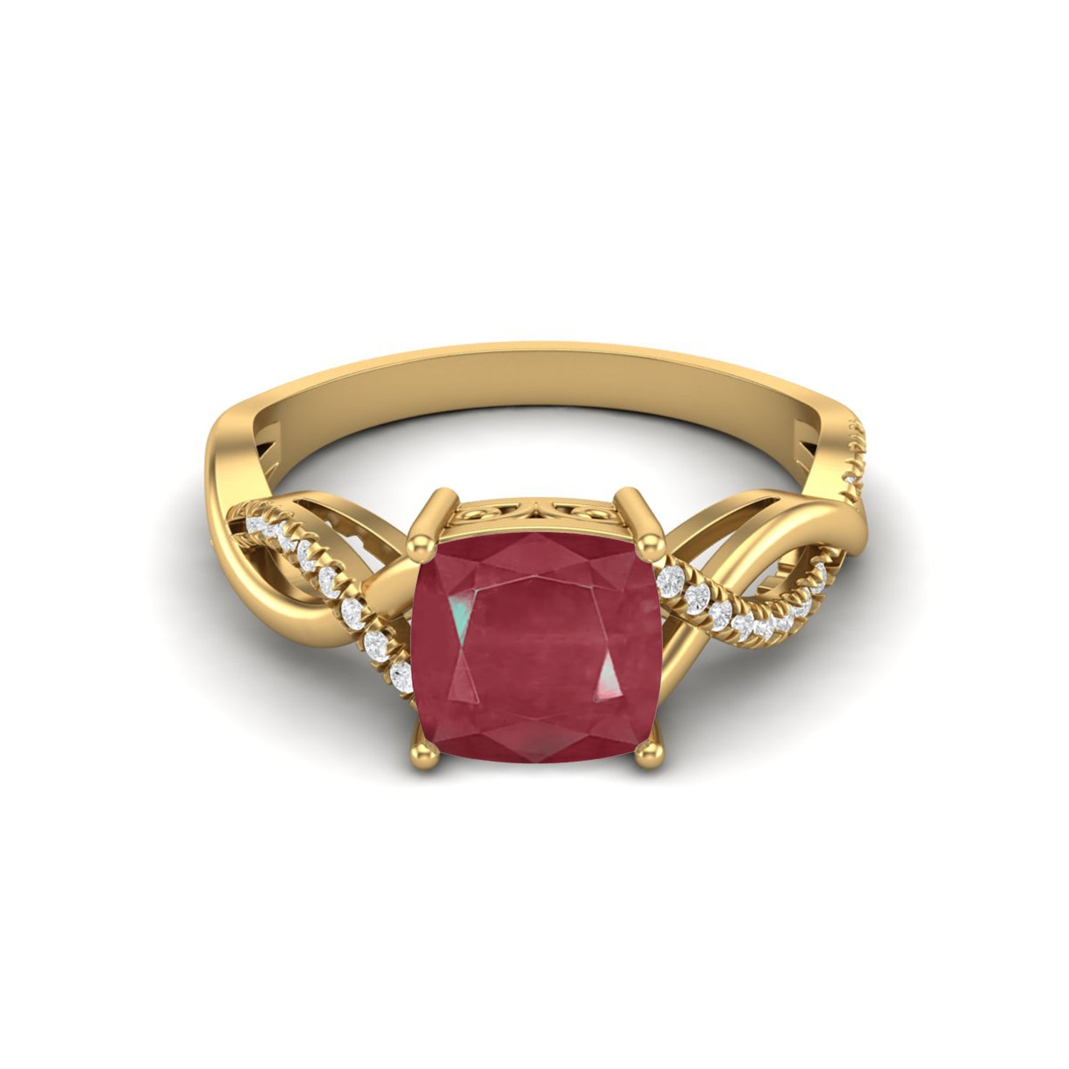 Ruby 2.05 Ct Cushion Twisted Infinity Band Ring  – 14k Yellow Gold