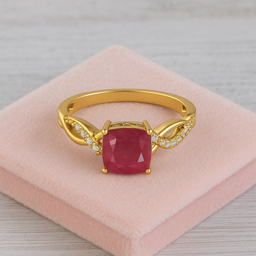 Ruby 2.05 Ct Cushion Twisted Infinity Band Ring  – 14k Yellow Gold