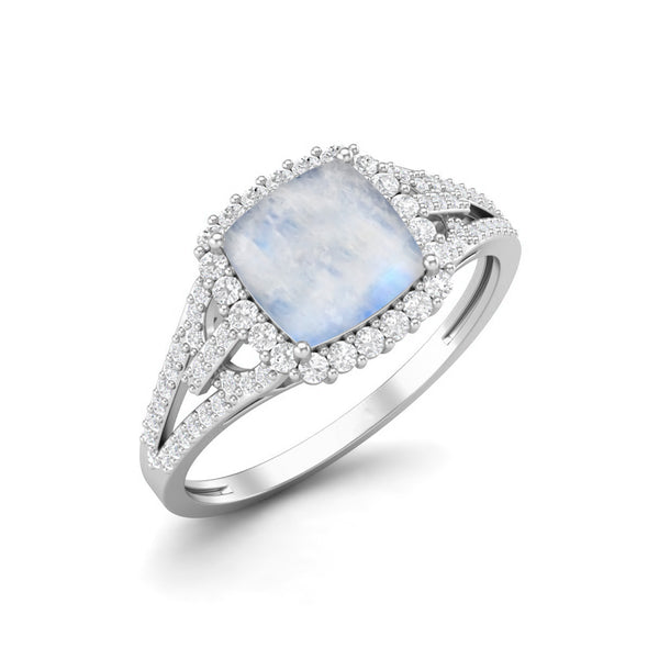 925 Sterling Silver Cushion Shape Moonstone Gemstone Solitaire with Accent Trio Shank Dainty Wedding Ring