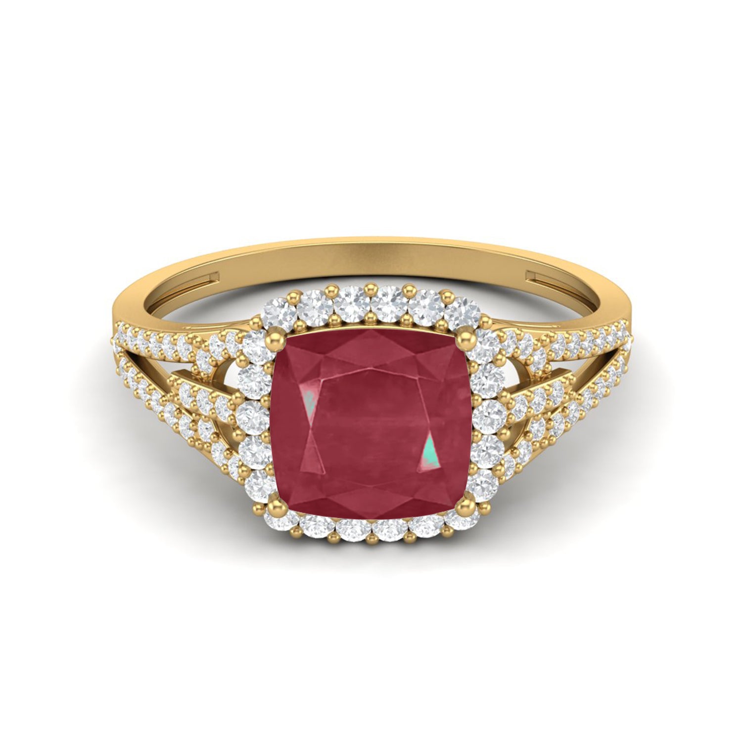 Ruby 2.90 Ct Cushion Double Halo Split Band Ring – 14k Yellow Gold